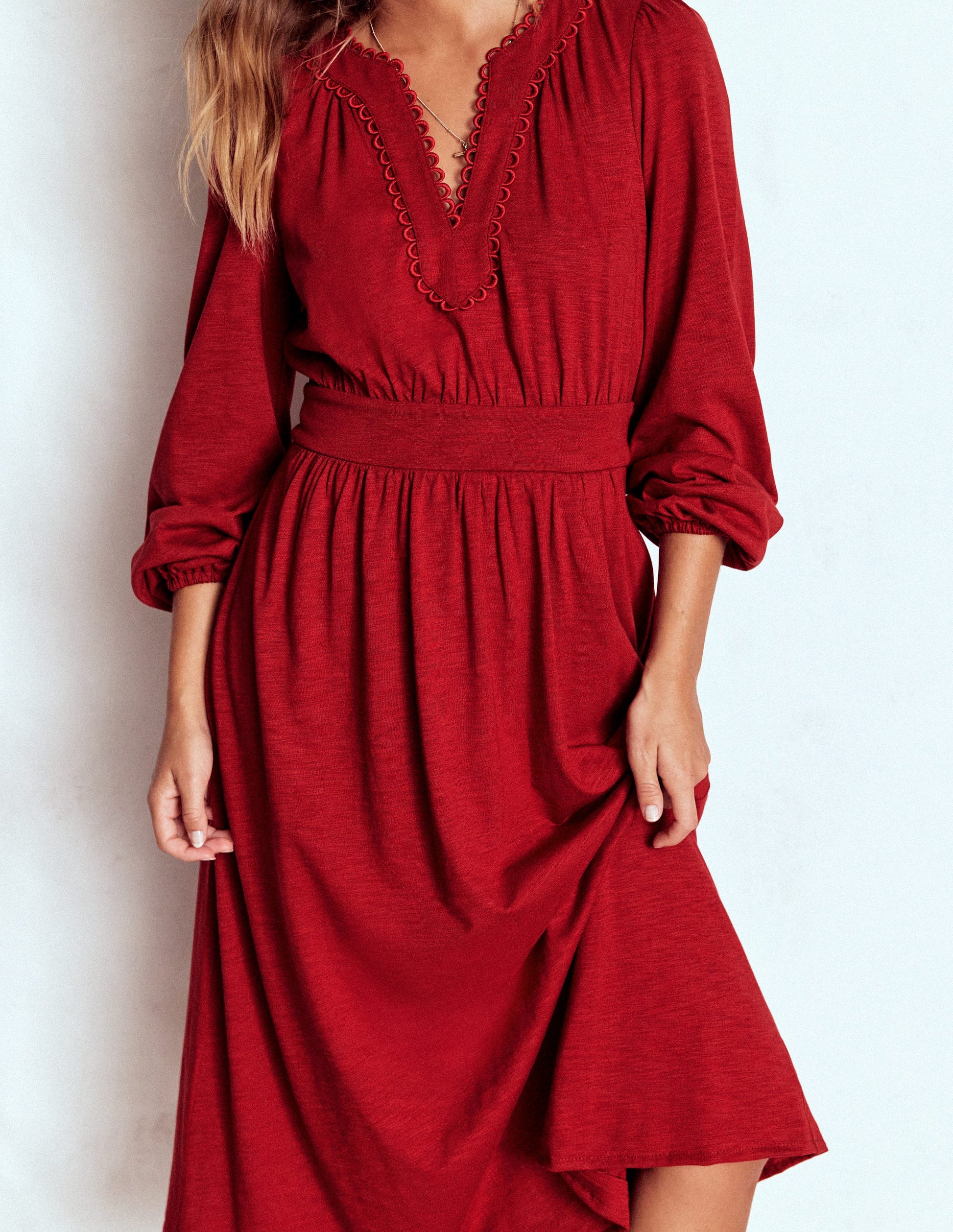 carmine red dress Maddie Picot Trim Midi Dress-Carmine Red