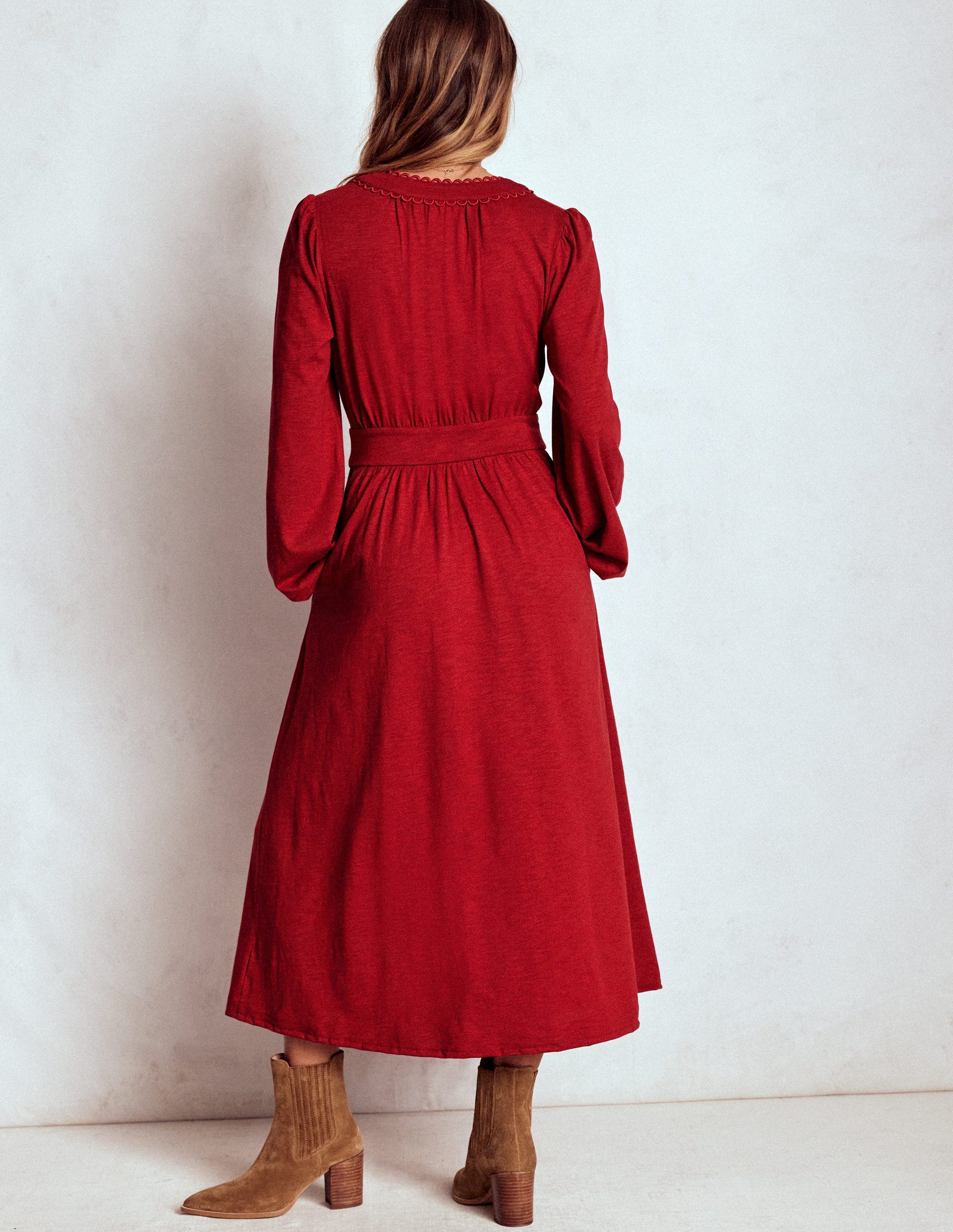 carmine red dress Maddie Picot Trim Midi Dress-Carmine Red