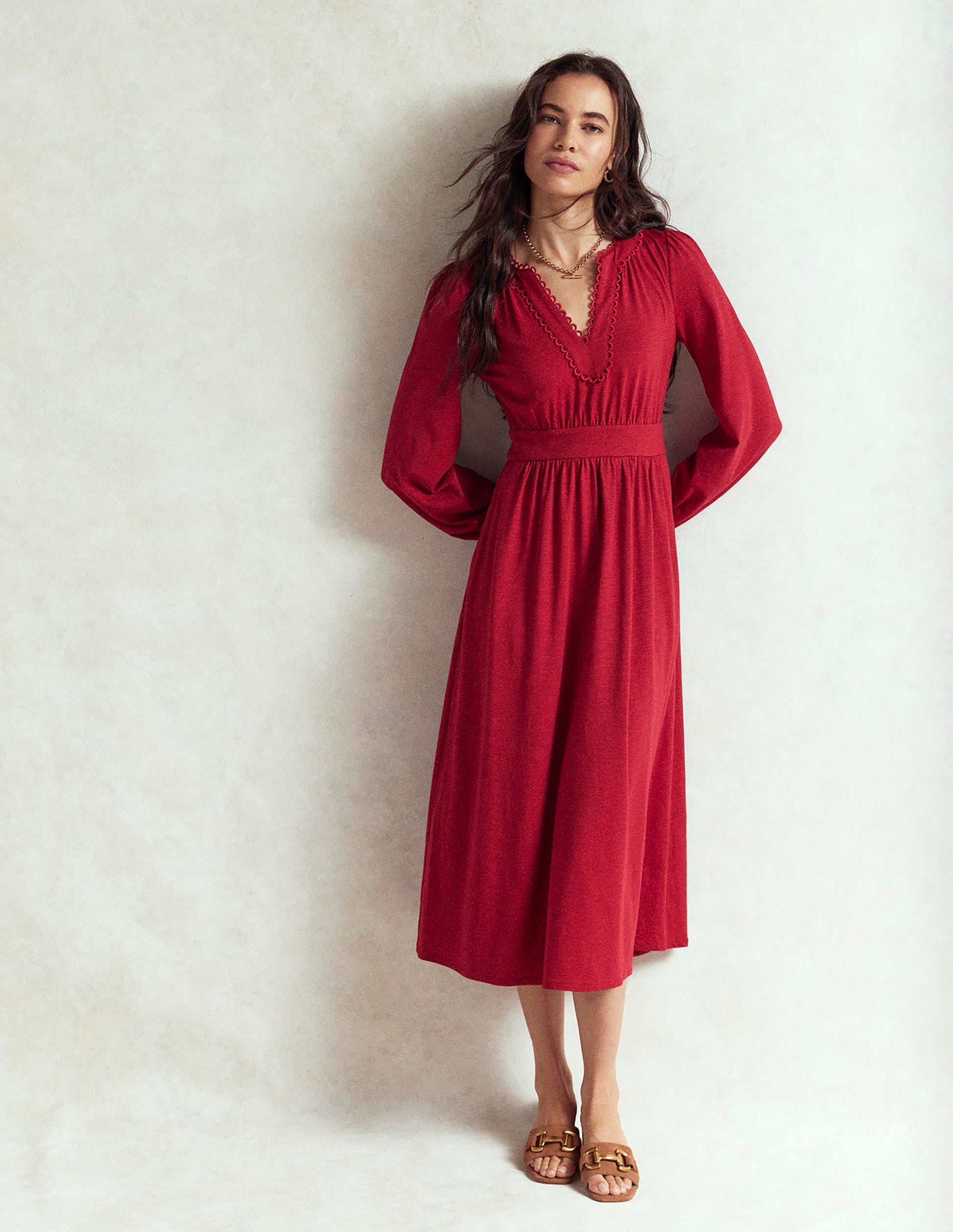 Maddie Picot Trim Midi Dress-Carmine Red-1