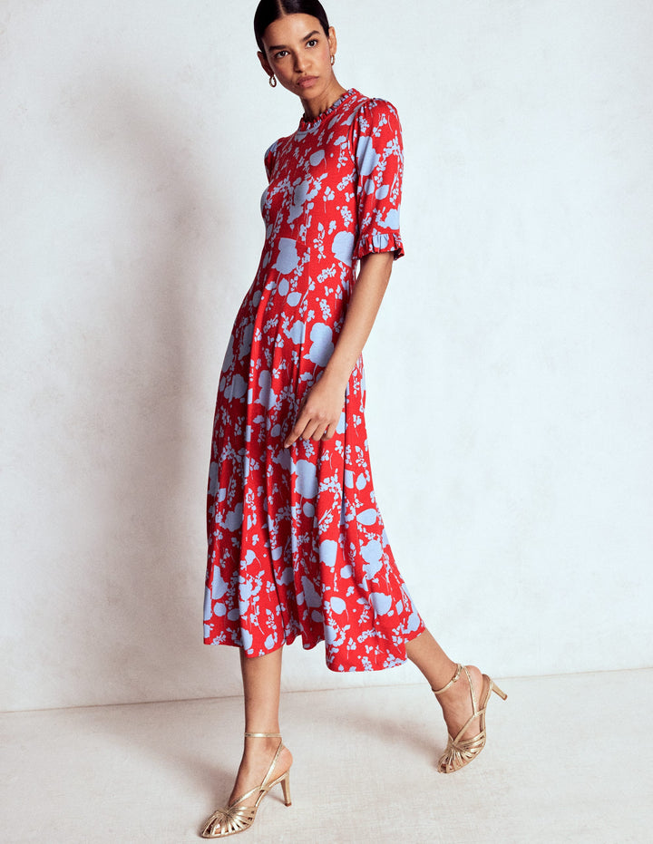 Ruffle Seamed Midi Dress-Poppy Red, Dainty Sprigs