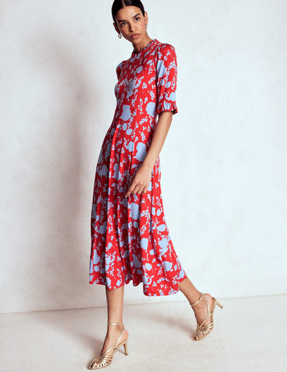 Ruffle Seamed Midi Dress-Poppy Red, Dainty Sprigs-1