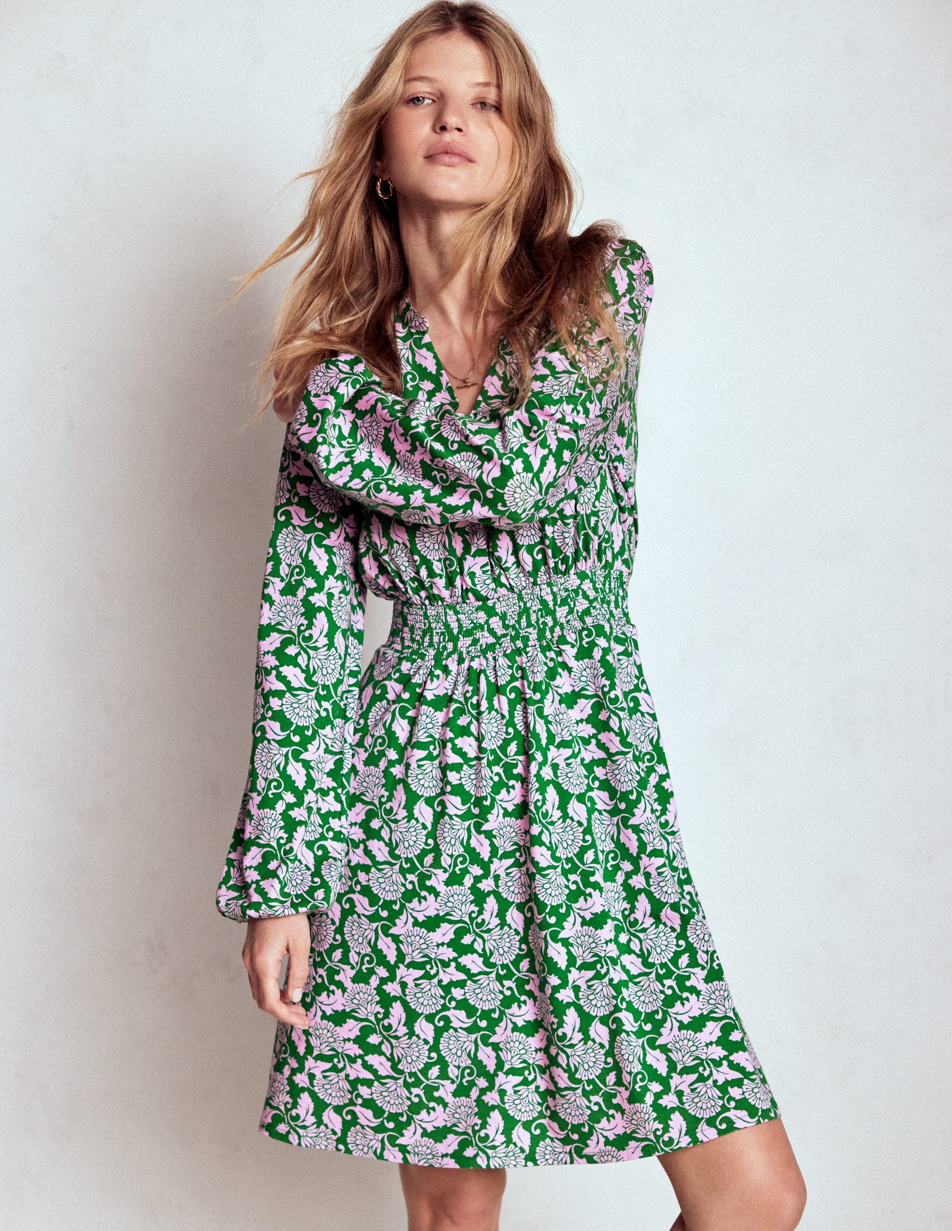 Sarah Short Jersey Dress-Rich Emerald, Ornate Vine-1