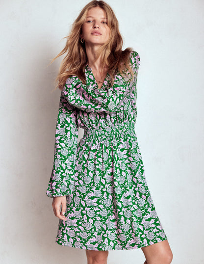Sarah Short Jersey Dress-Rich Emerald, Ornate Vine-1