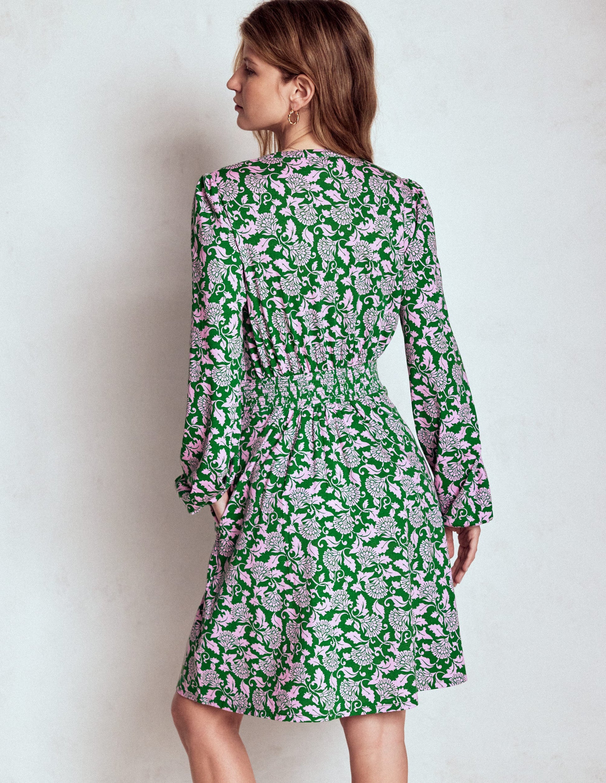 Sarah Short Jersey Dress-Rich Emerald, Ornate Vine-3