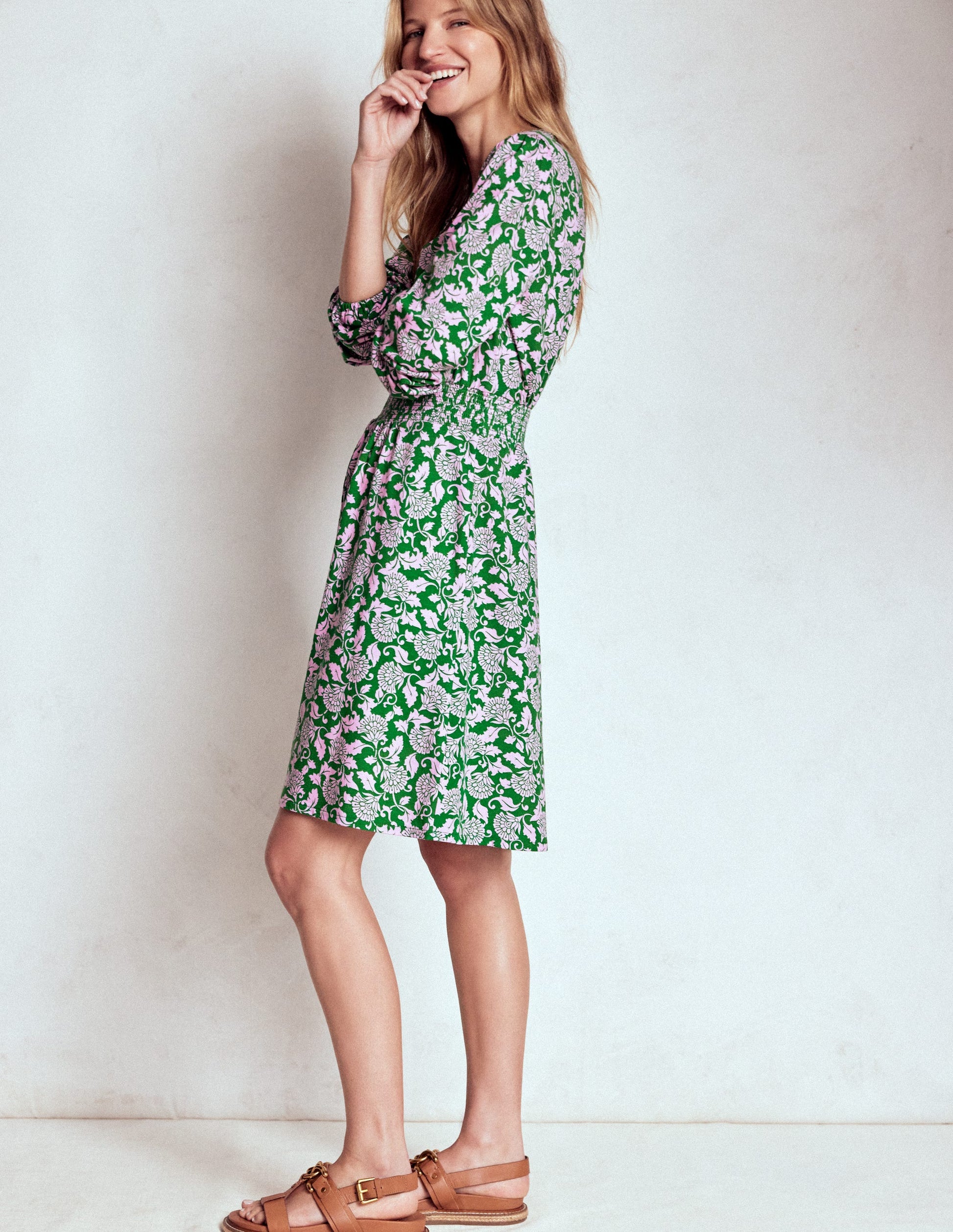 Sarah Short Jersey Dress-Rich Emerald, Ornate Vine-4