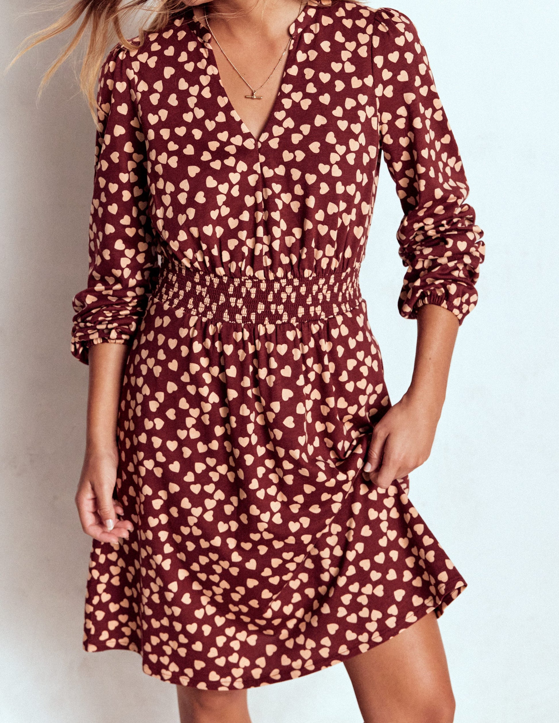 Sarah Short Jersey Dress-Chestnut, Heart Cascade-2