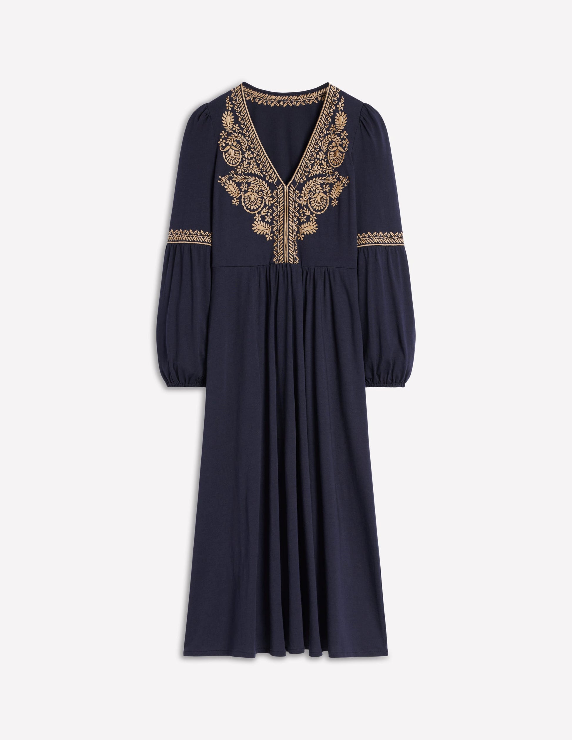 V-Neck Blouson Midi Dress-Navy-7