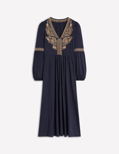 V-Neck Blouson Midi Dress-Navy-7