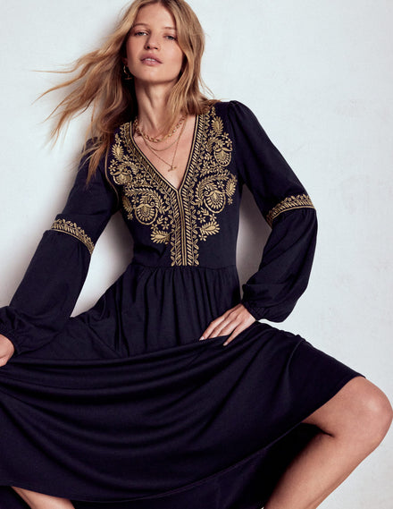 V-Neck Blouson Midi Dress-Navy