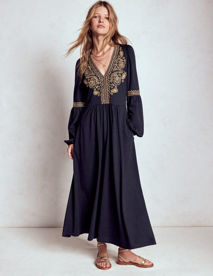 V-Neck Blouson Midi Dress-Navy-5