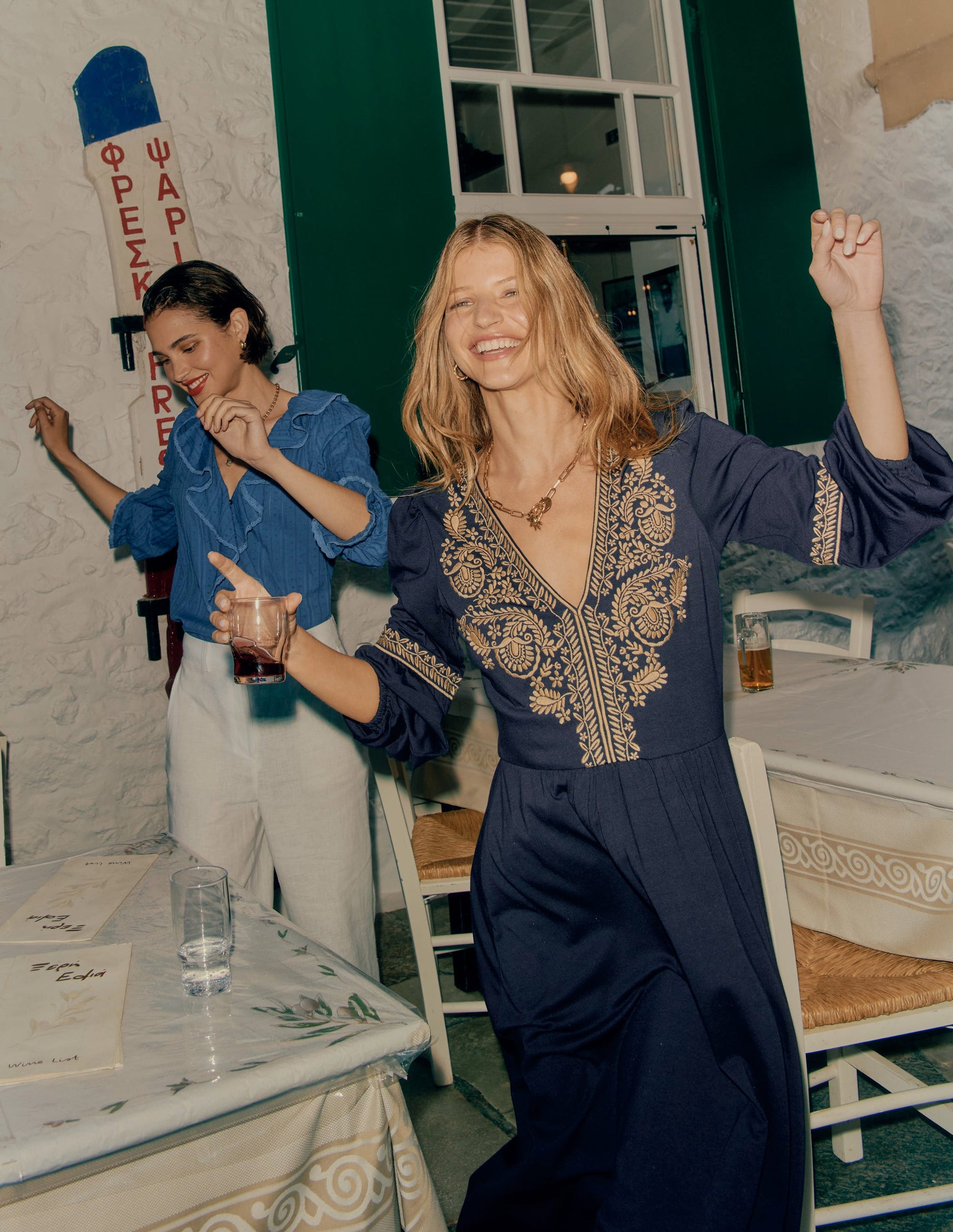 V-Neck Blouson Midi Dress-Navy-2