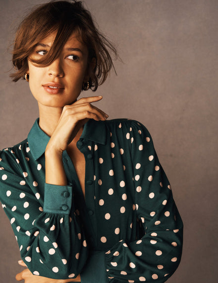 Empire Waistline Shirt Dress-Emerald Night, Painted Dot