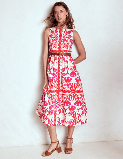Lauren Cotton Midi Dress-Poppy Red, Elaborate Flora-5
