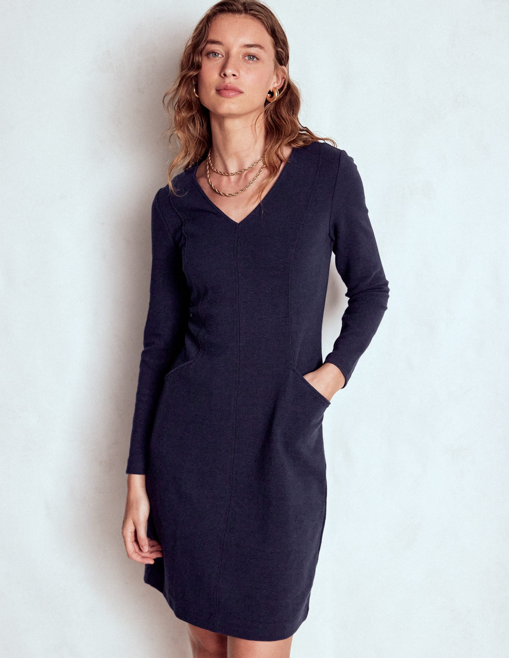 Ellen V-neck Ottoman Dress-Navy - Image 1