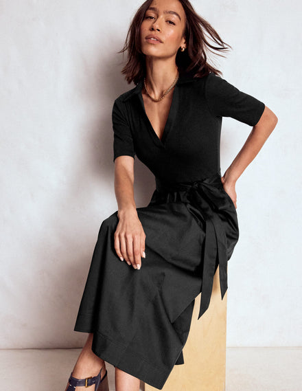 Collar Detail Mix Midi Dress-Black