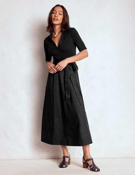Collar Detail Mix Midi Dress-Black