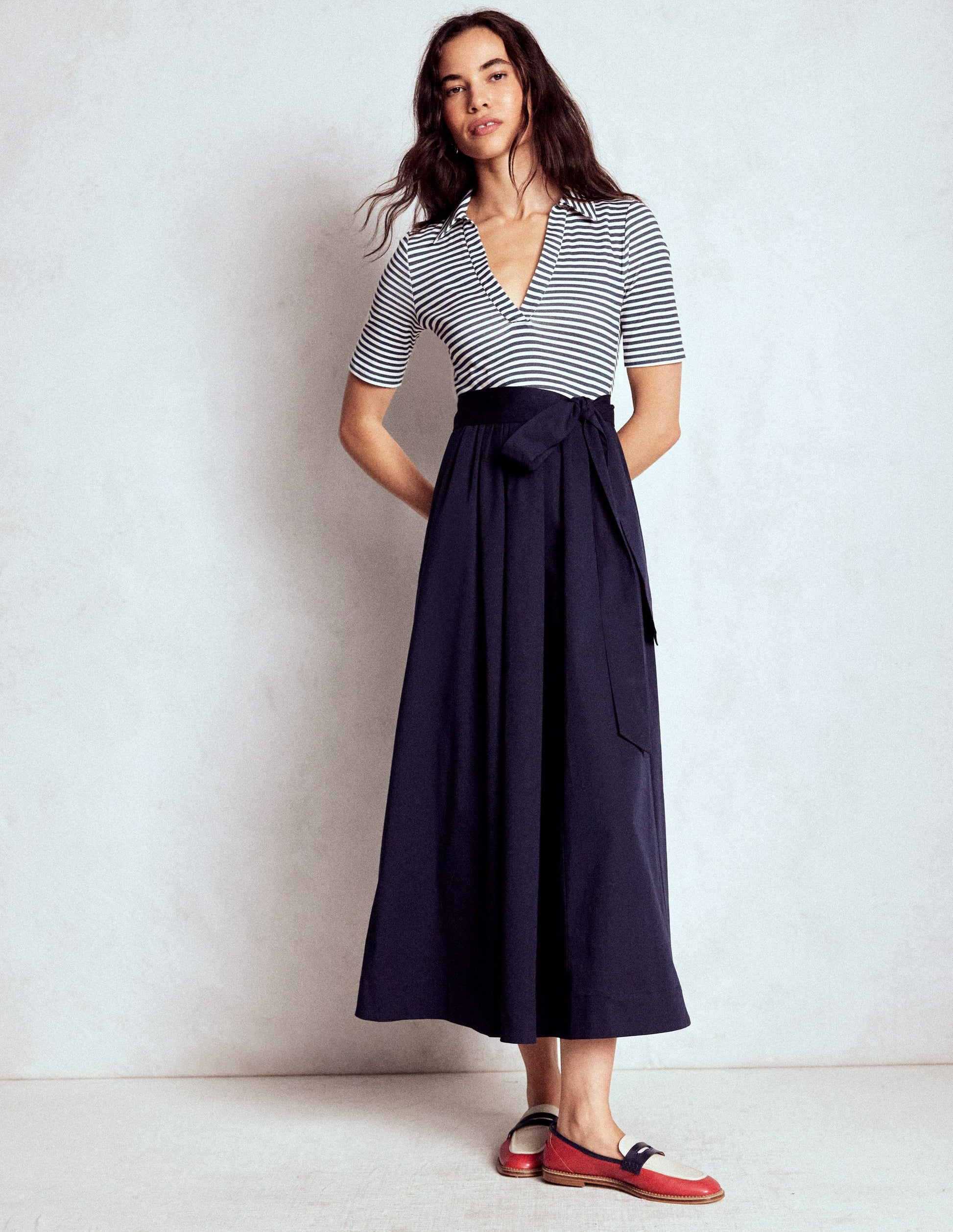 Collar Detail Mix Midi Dress-Navy, Ivory Stripe-2