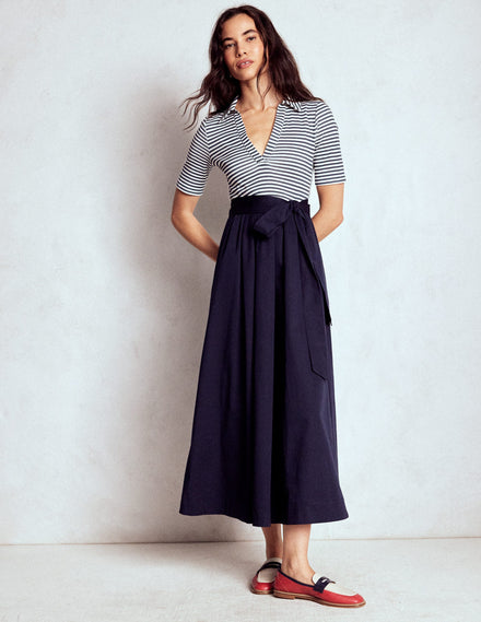 Collar Detail Mix Midi Dress-Navy, Ivory Stripe