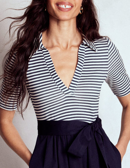 Collar Detail Mix Midi Dress-Navy, Ivory Stripe-3