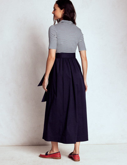 Collar Detail Mix Midi Dress-Navy, Ivory Stripe-4