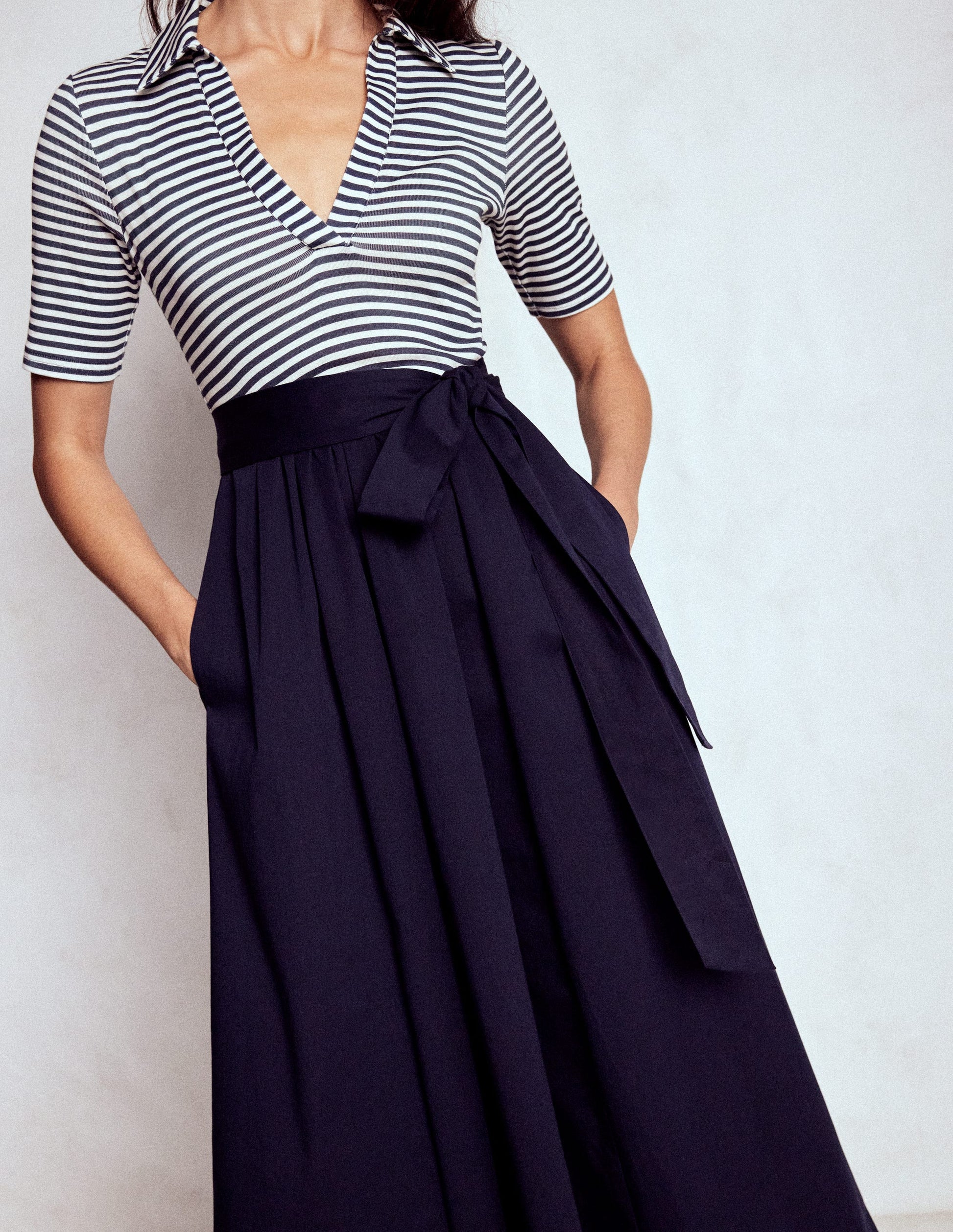 Collar Detail Mix Midi Dress-Navy, Ivory Stripe-6