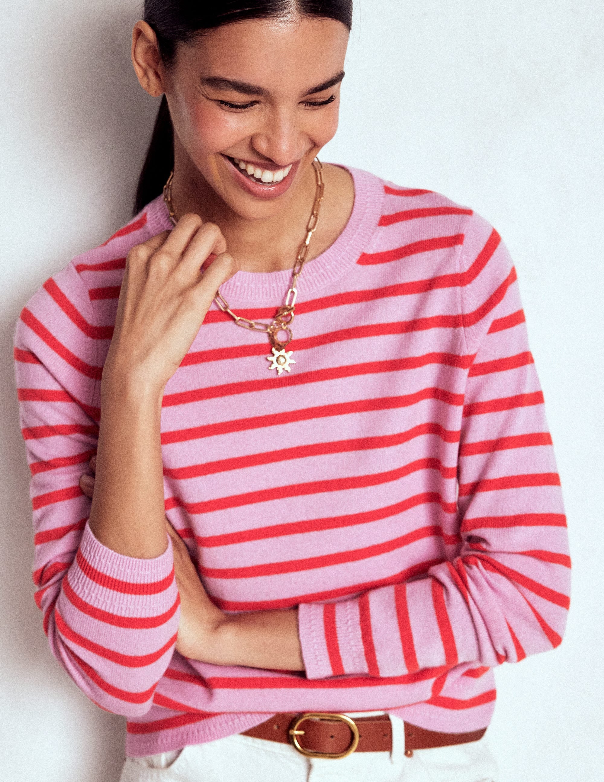 Eva Cashmere Crew Neck Jumper-Pink/ Orange Stripe - Image 1