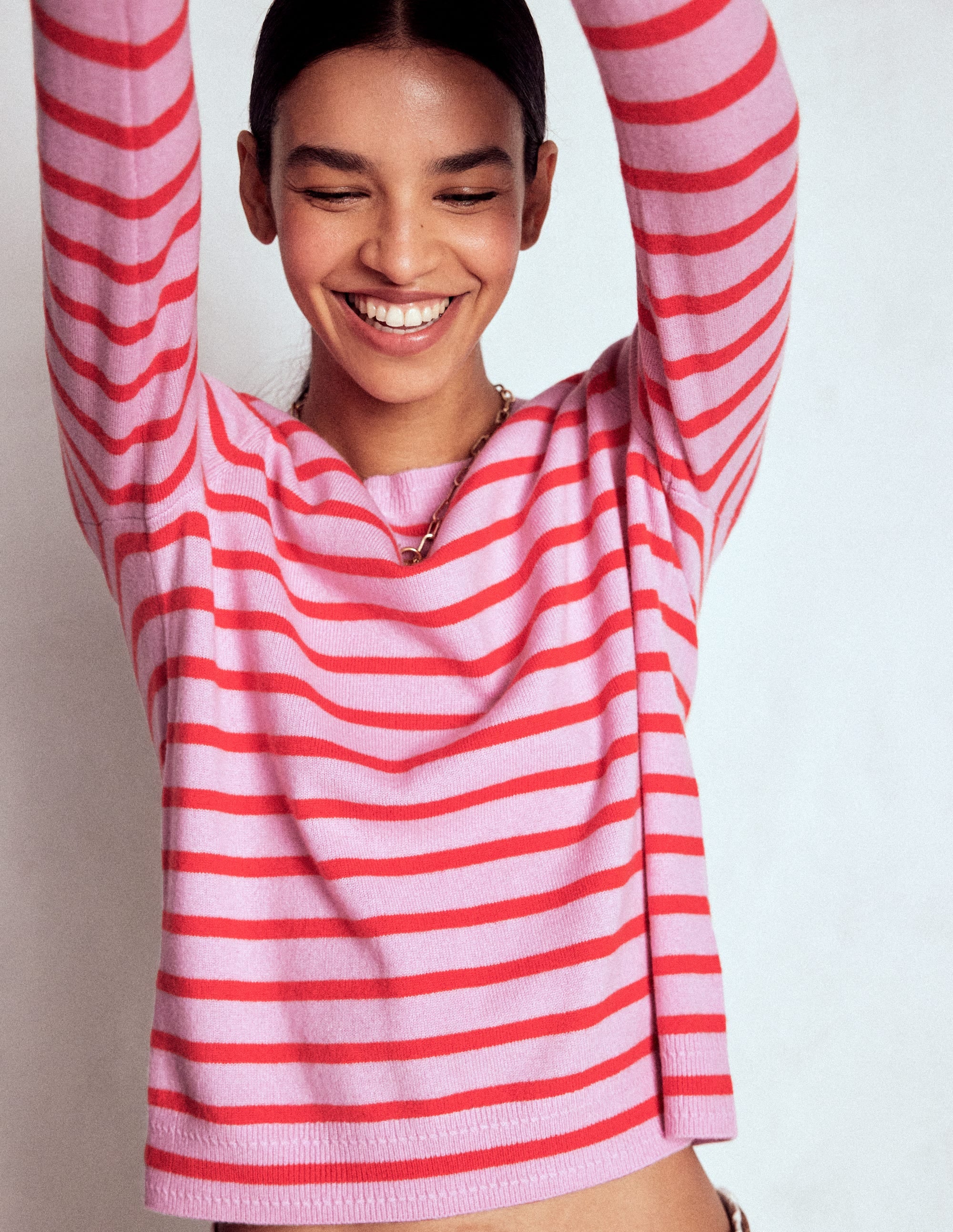 Eva Cashmere Crew Neck Jumper-Pink/ Orange Stripe - Image 2