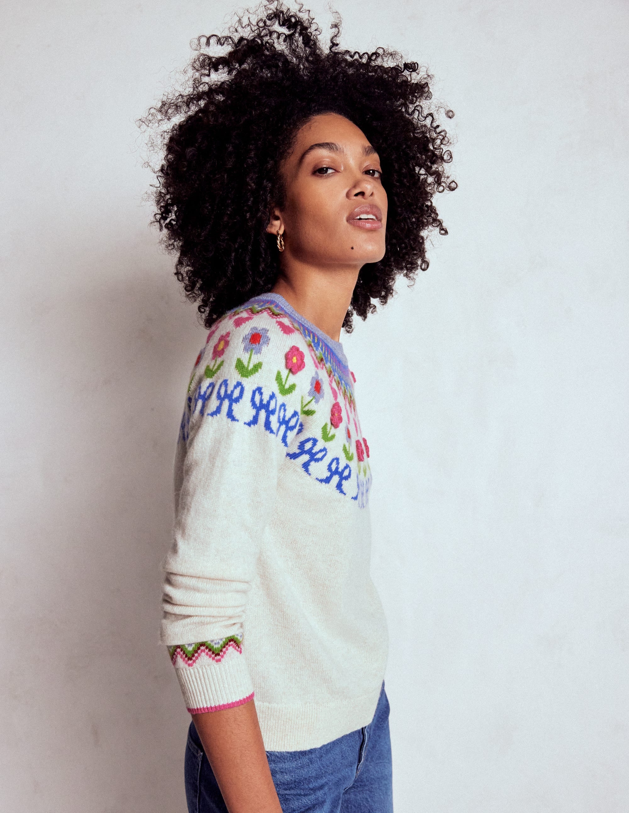 Edie Fair Isle Jumper-Oatmeal Melange, Flowers - Image 1