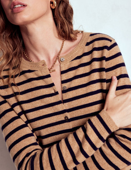 Eva Cashmere Crew Cardigan-Camel Melange/Navy Stripe
