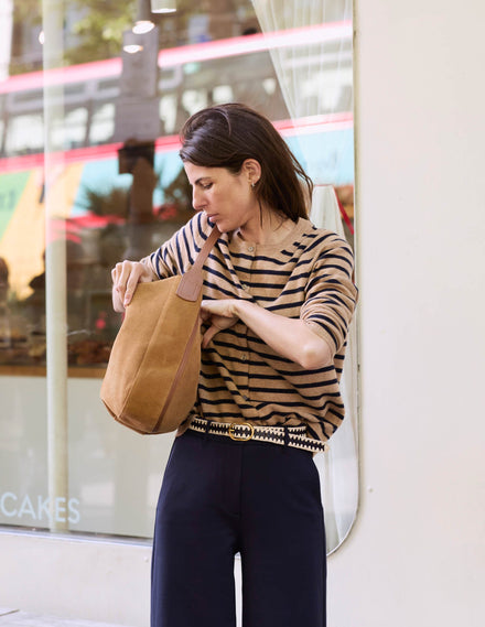 Eva Cashmere Crew Cardigan-Camel Melange/Navy Stripe