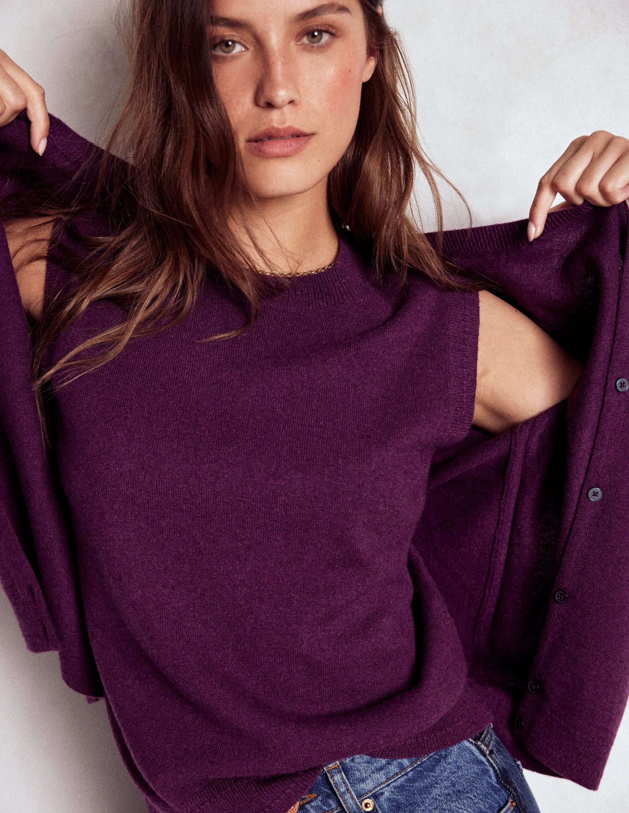 Eva Cashmere Crew Cardigan-Plum Melange - Image 1
