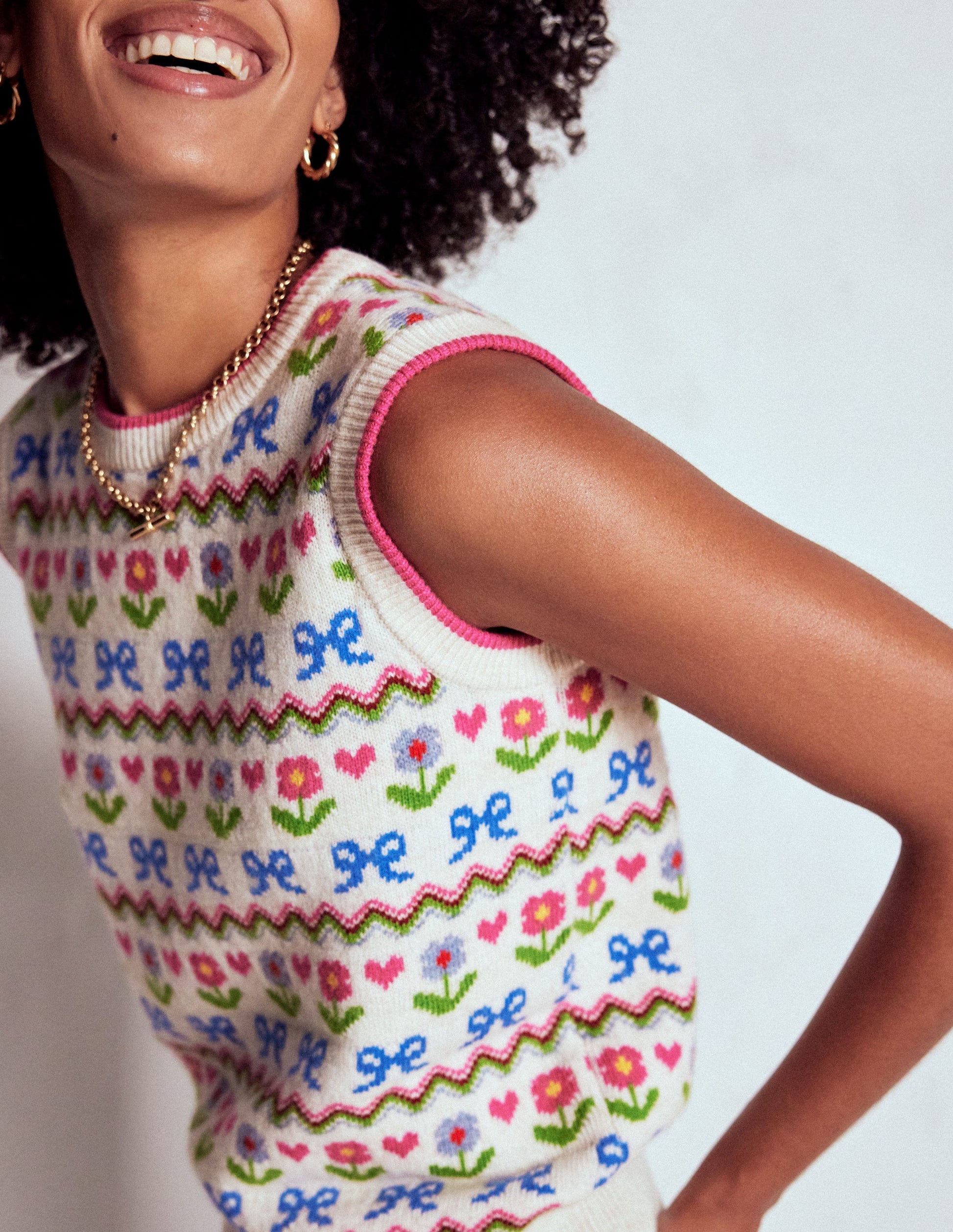 Edie Fair Isle Tank-Oatmeal Melange, Flowers-2