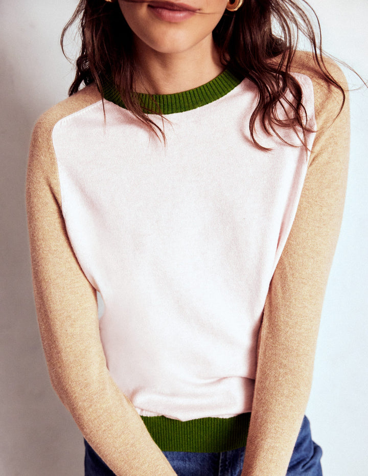 Meg Raglan Sleeve Jumper-Pink, Green Colour Block