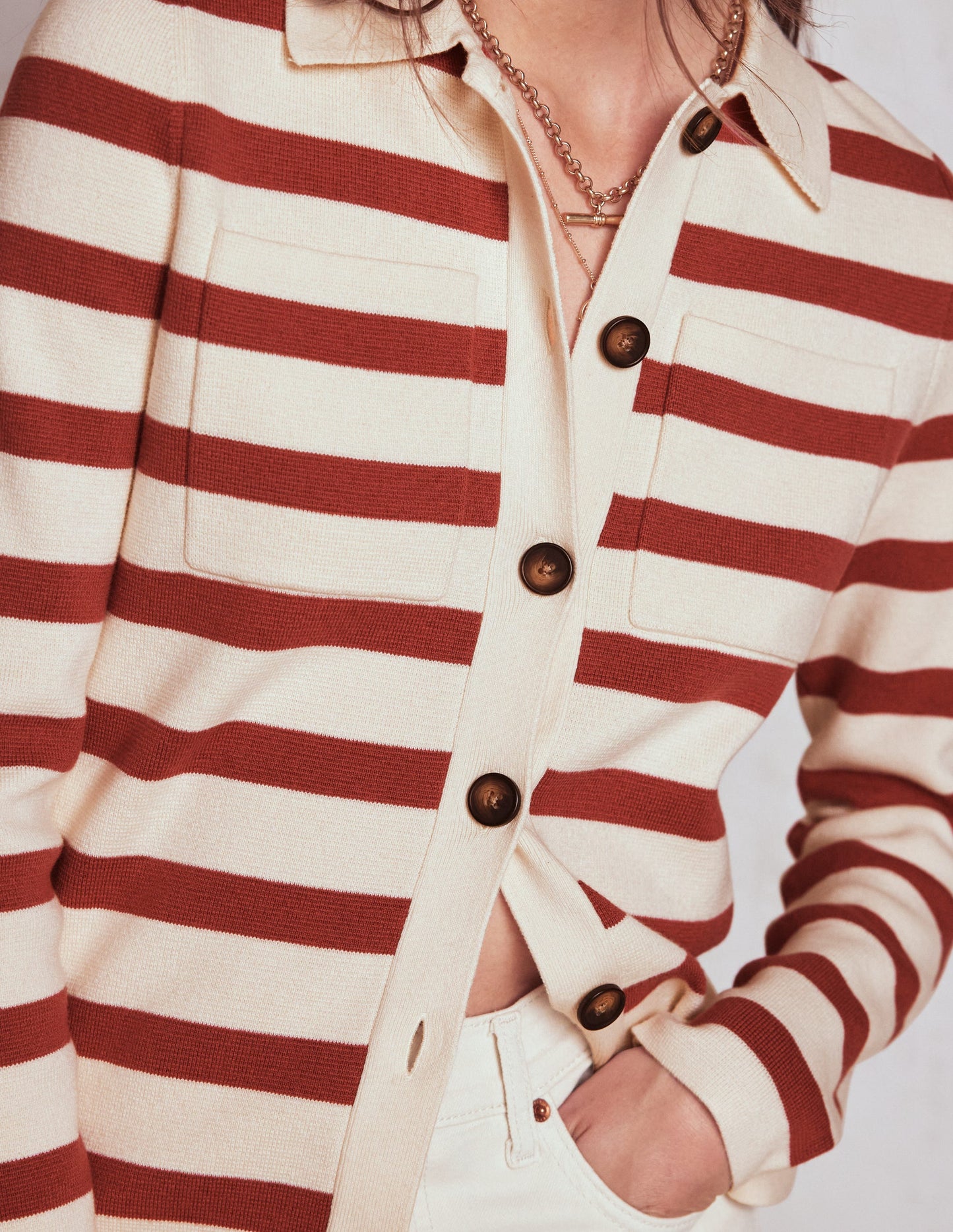 Astrid Knitted Shirt-Warm Ivory, Terracotta