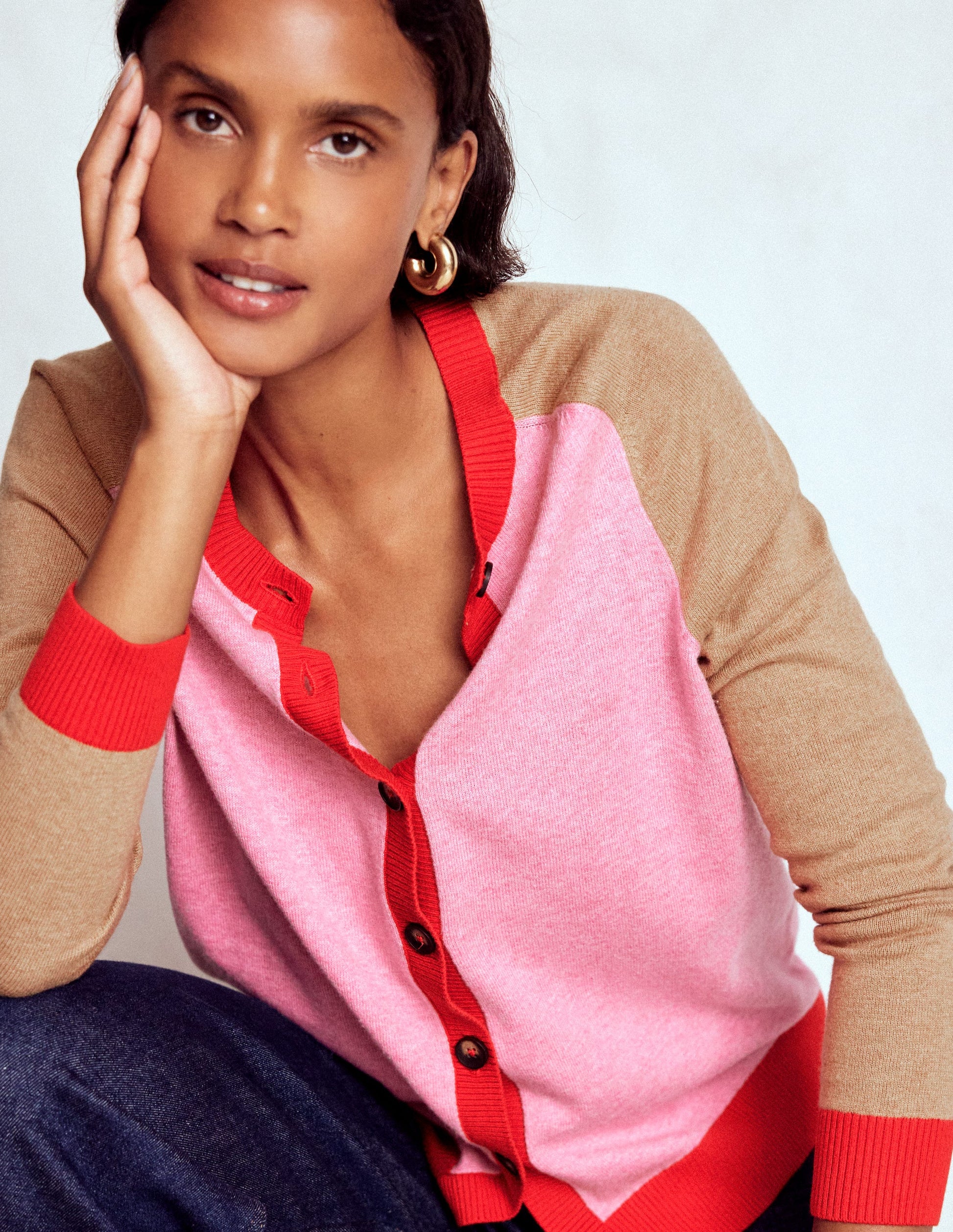 Meg Raglan Sleeve Cardigan-Camel, Pink Colour Block Boden Global