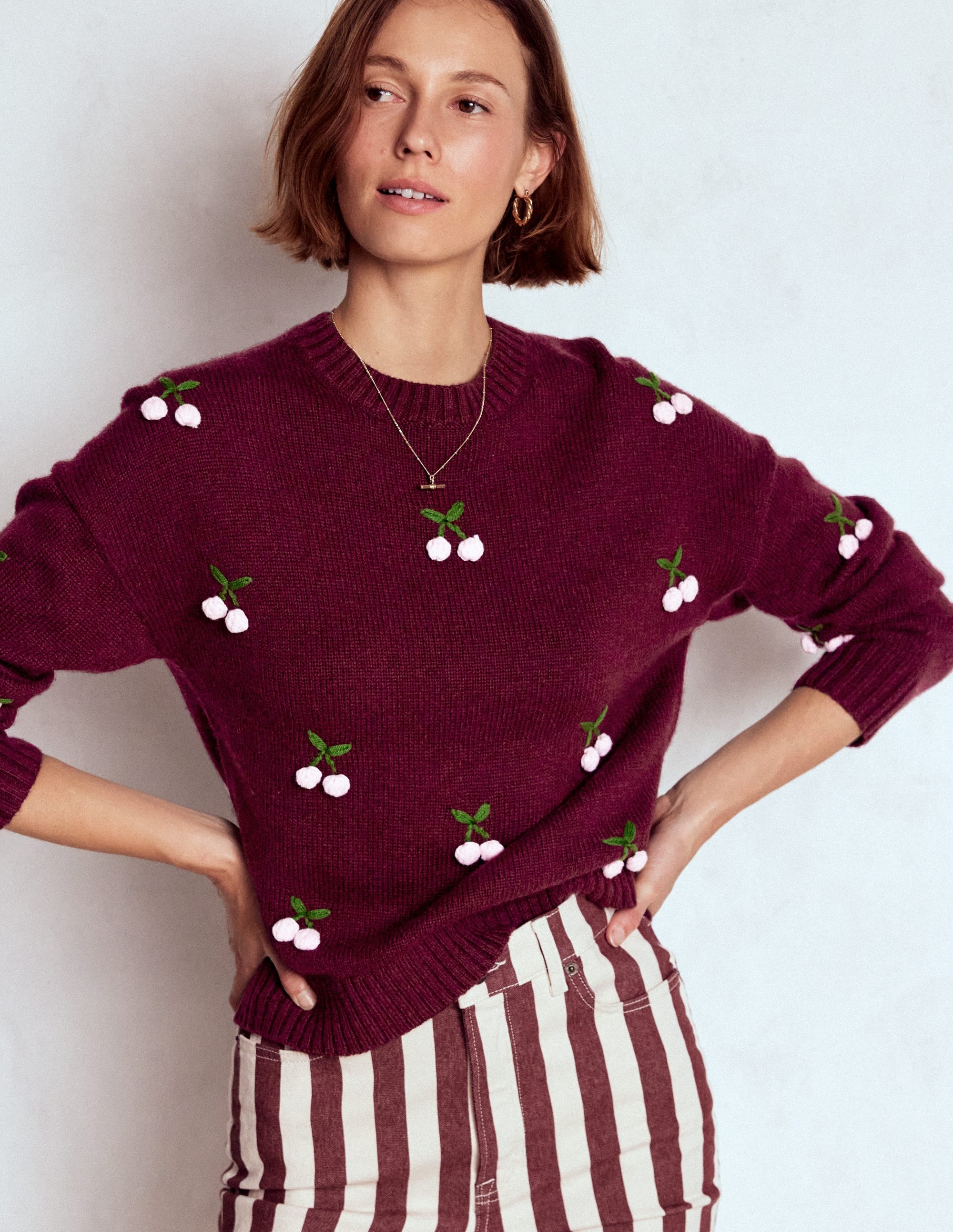 Natalie Embroidered Jumper-Chestnut Melange, Cherry - Image 1