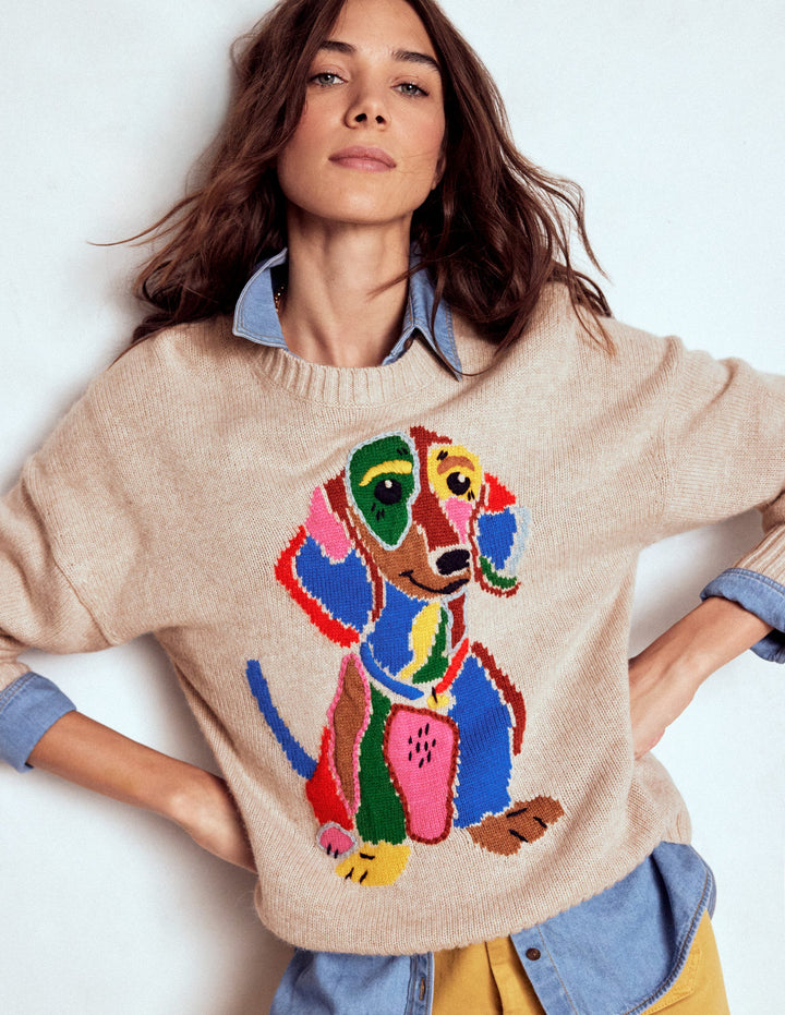 Natalie Embroidered Jumper-Oatmeal Melange, Daschund