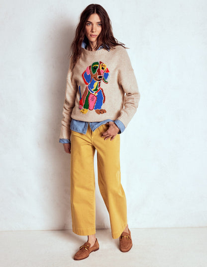 Natalie Embroidered Jumper-Oatmeal Melange, Daschund-4
