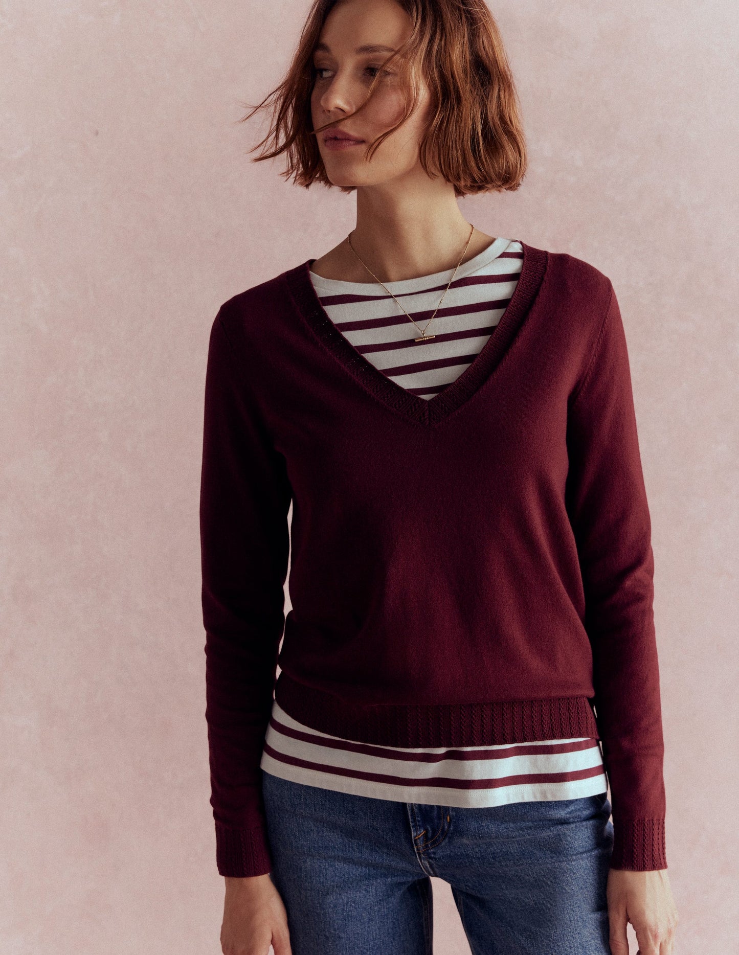 Emilia Cotton V-Neck Jumper-Deep Wisteria