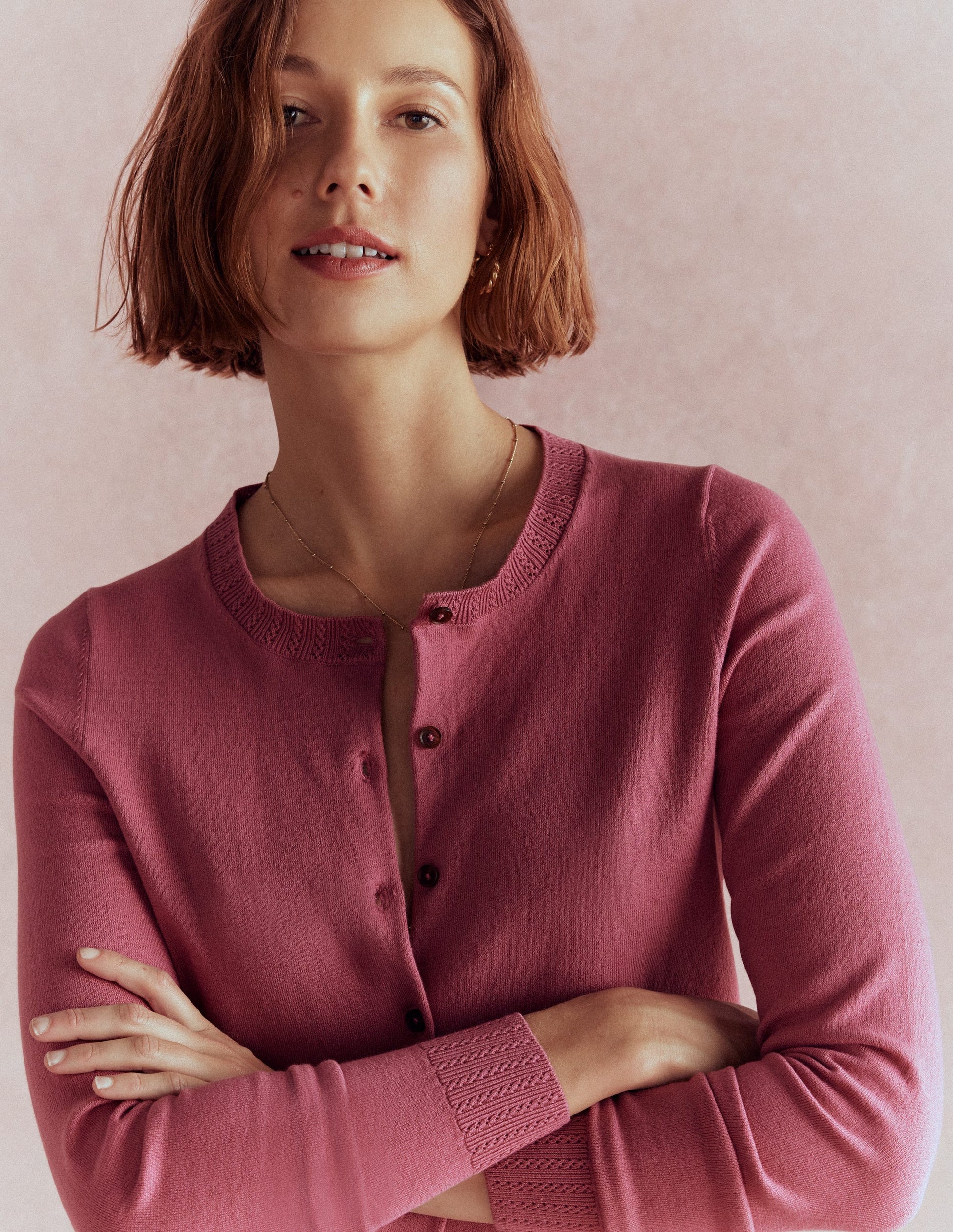 Emilia Cotton Crew Cardigan-Pink Heather-1