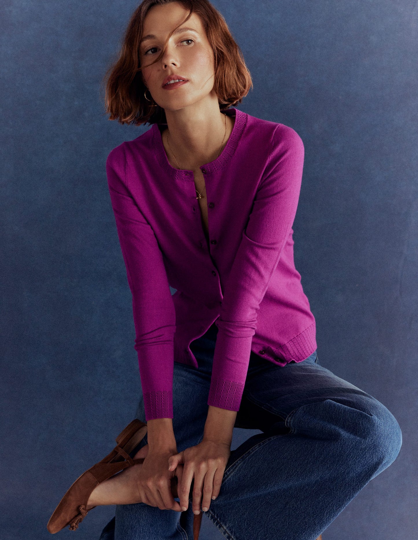 Emilia Cotton Crew Cardigan-Regal Purple