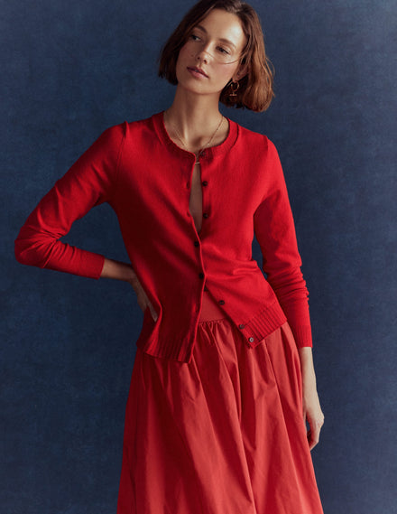Emilia Cotton Crew Cardigan-Poppy Red