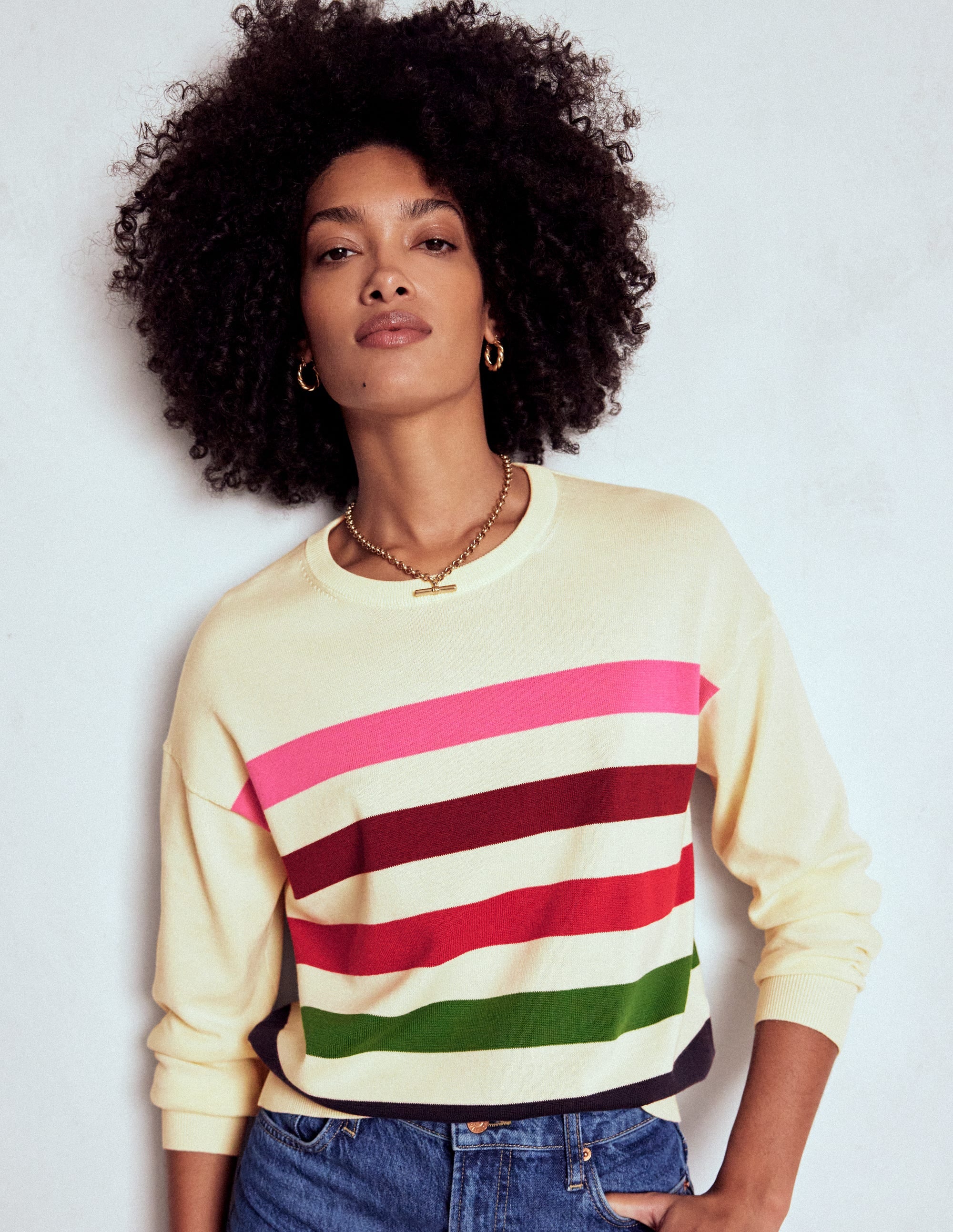 Lara Relaxed Cotton Jumper-Ivory, Multi Stripe - Image 1