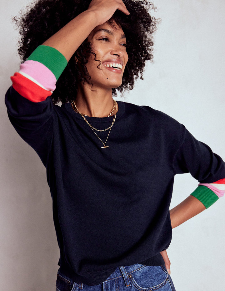 Lara Relaxed Cotton Jumper-Navy Cuff Stripe