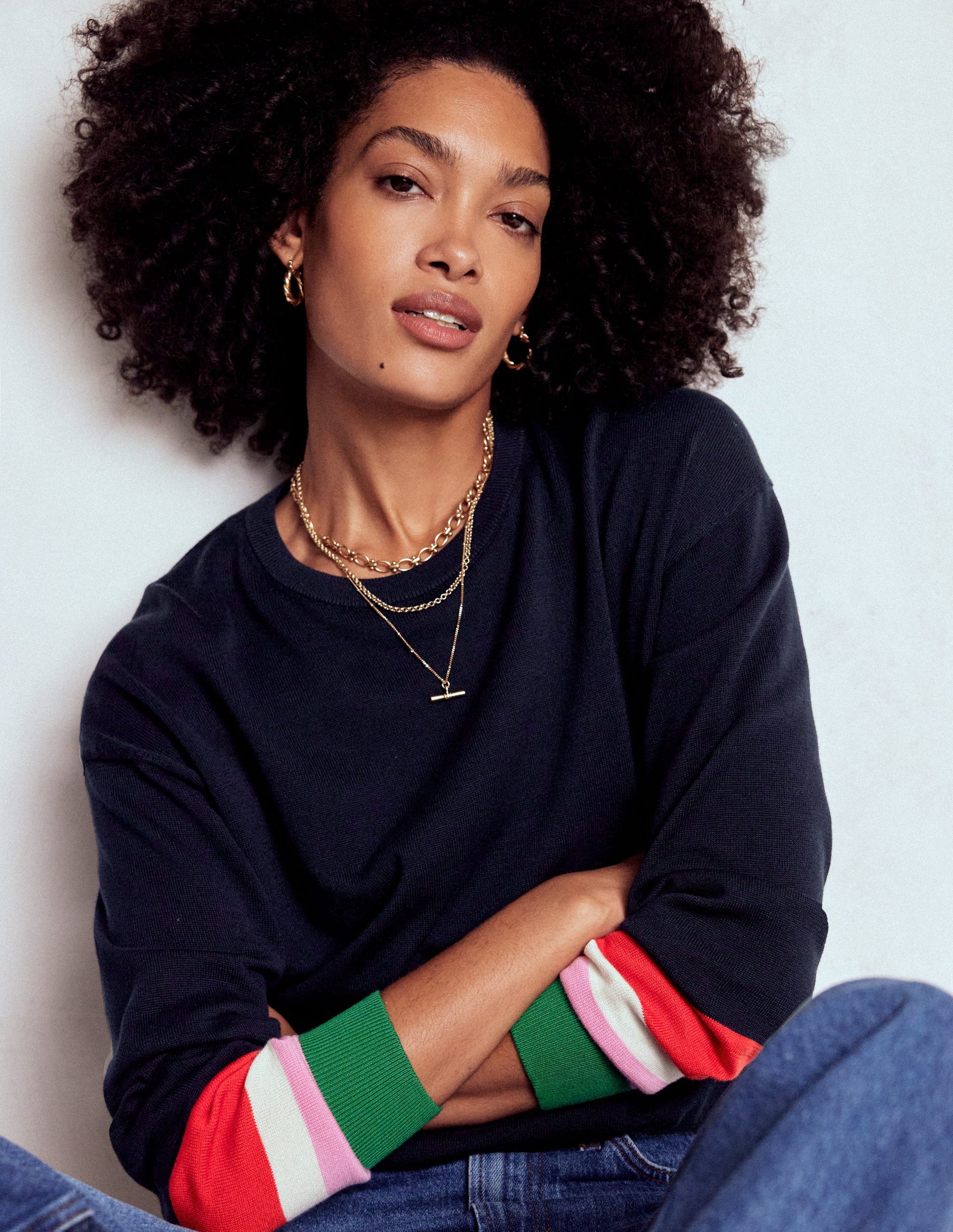 Lara Relaxed Cotton Jumper-Navy Cuff Stripe-4