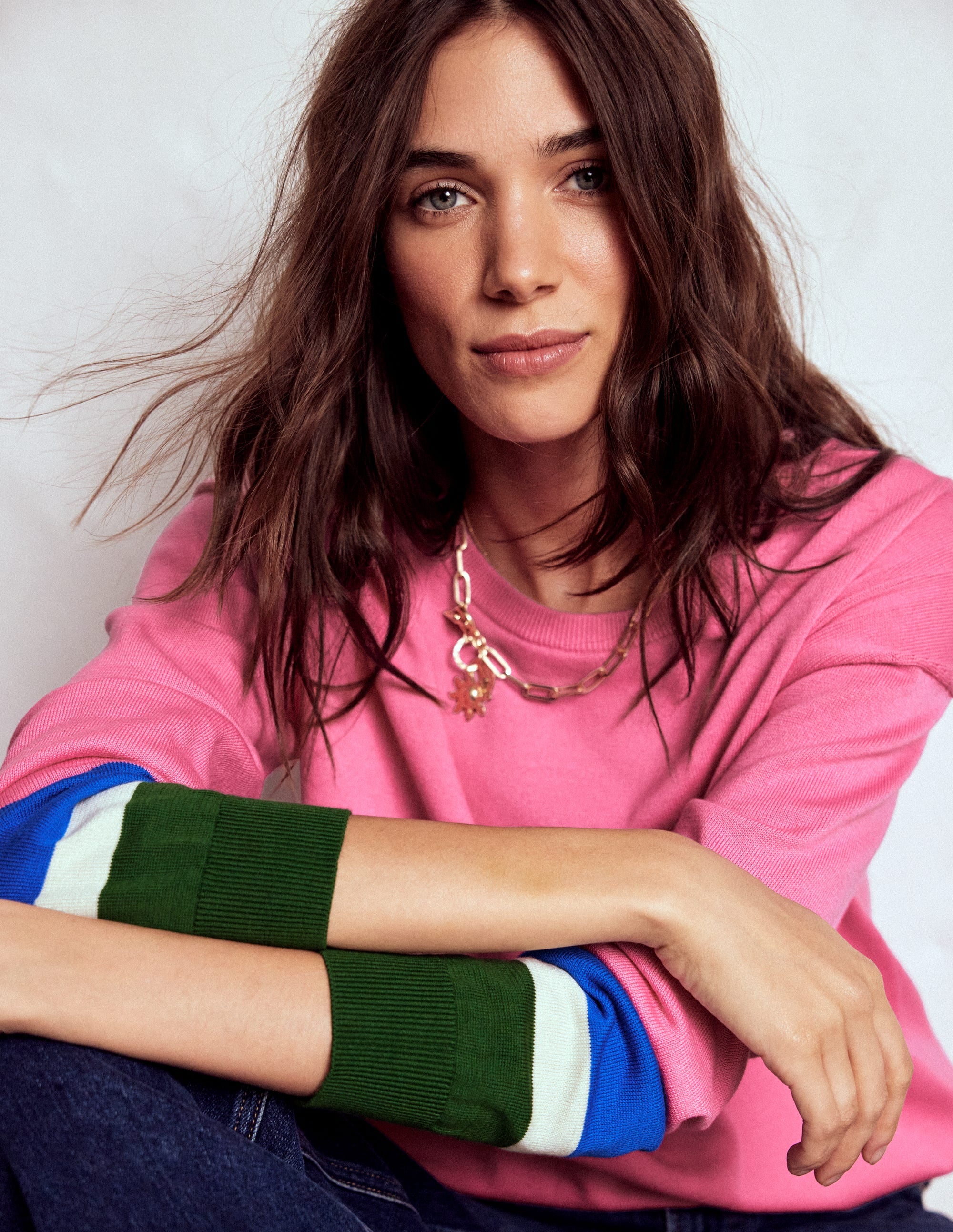 Lara Relaxed Cotton Jumper-Pink Lemonade, Cuff Stripe - Image 1