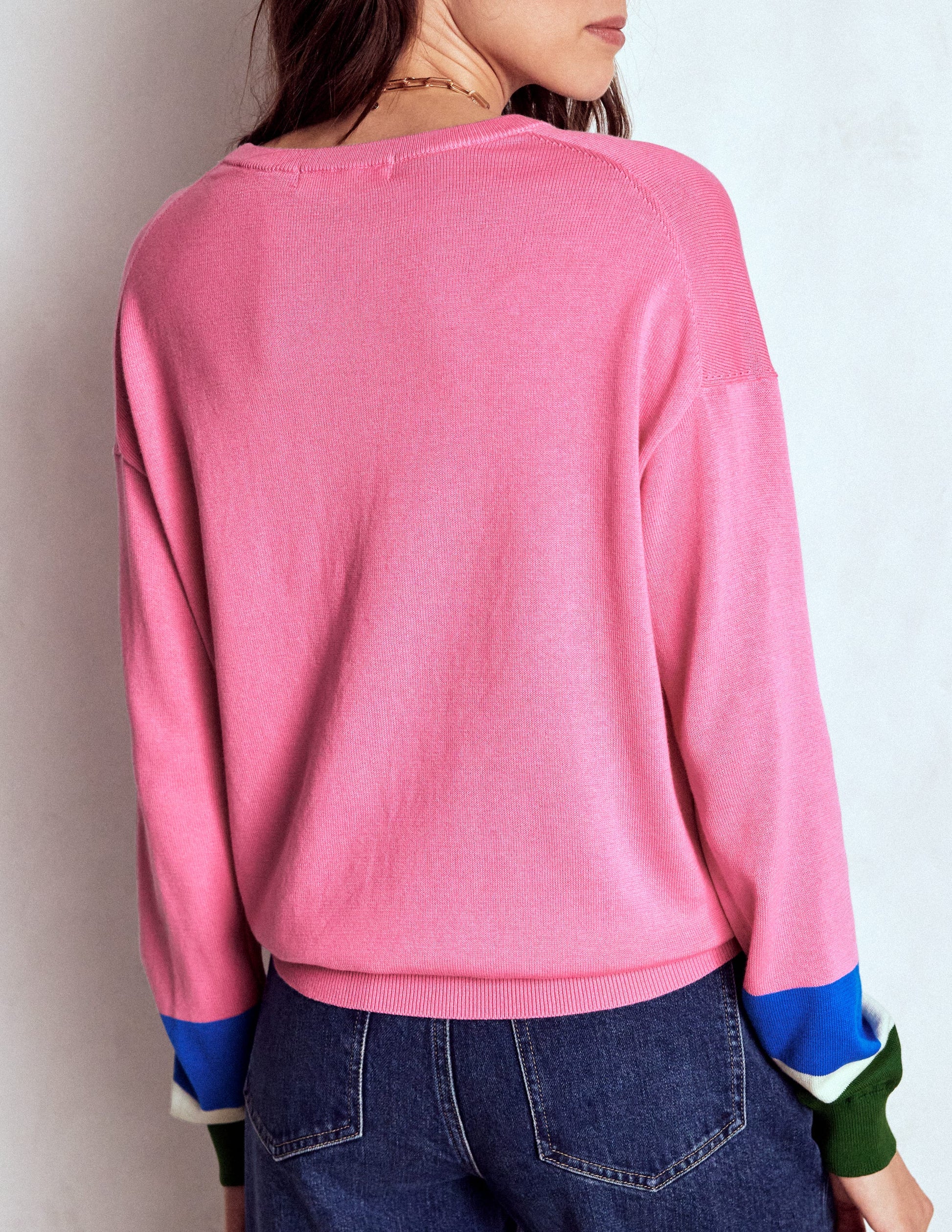 Lara Relaxed Cotton Jumper-Pink Lemonade, Cuff Stripe-4