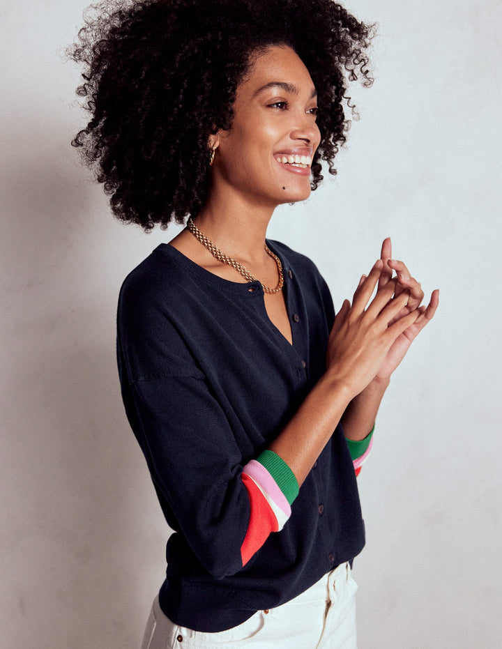 Lara Relaxed Cotton Cardigan-Navy, Cuff Stripe