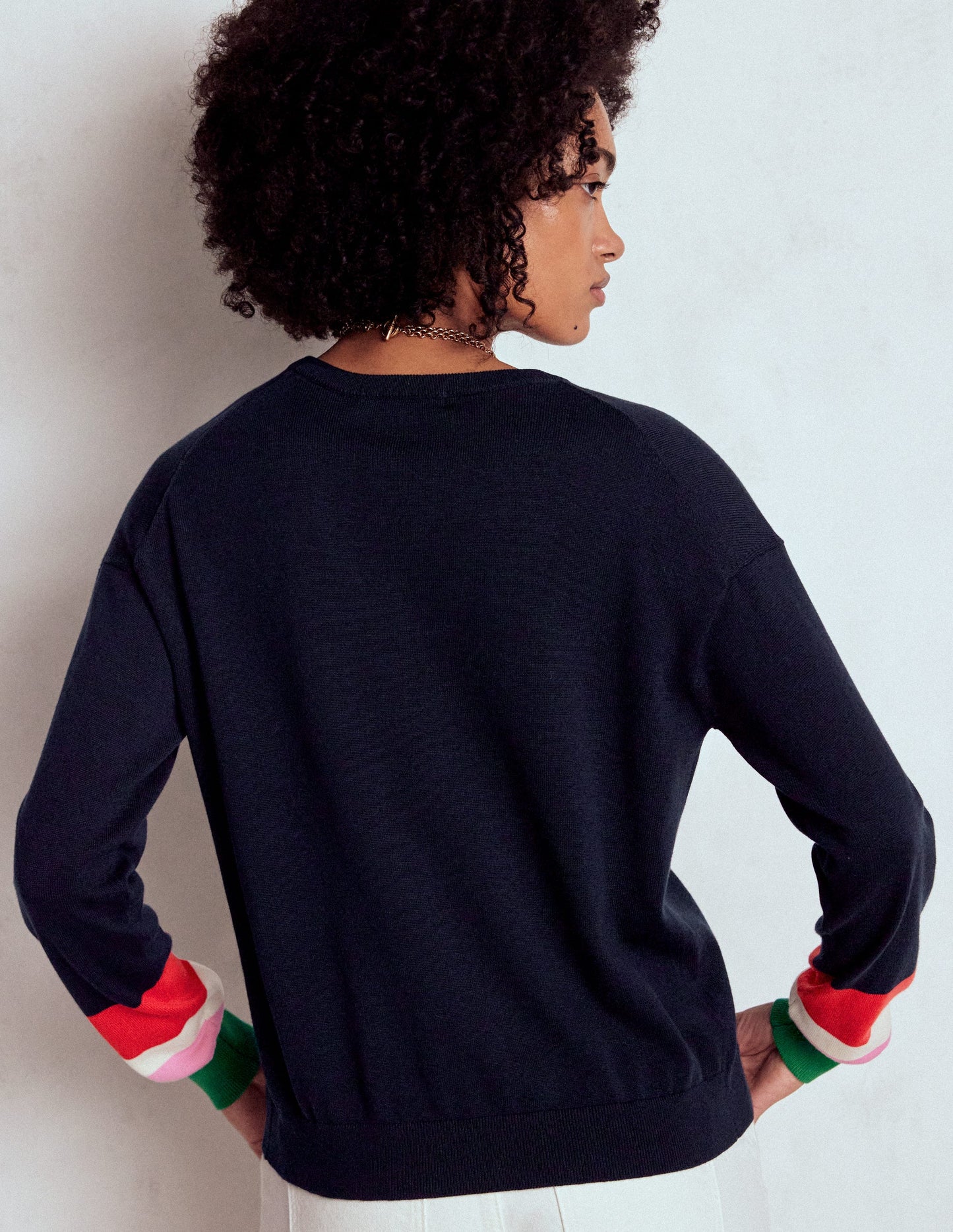 Lara Relaxed Cotton Cardigan-Navy, Cuff Stripe