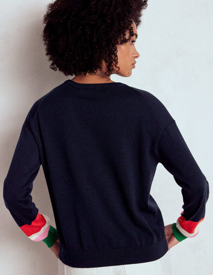 Lara Relaxed Cotton Cardigan-Navy, Cuff Stripe-3